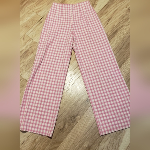 Zara Pants - Zara Pink Plaid Checkered Gingham Wide Leg Pant Cotton Blend High Waist Med